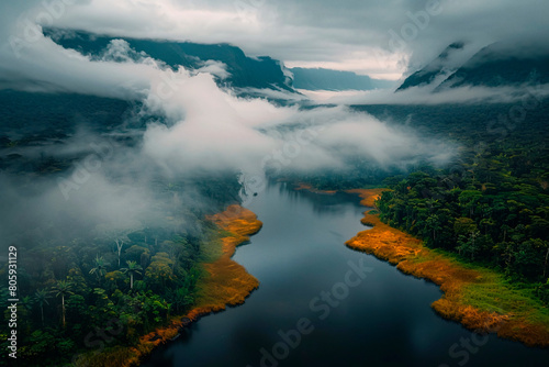 An ethereal aerial view of a tropical rainforest valley shrouded in mist, with clouds embracing the lush green landscape