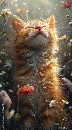 a cat and flowers:  A cute tabby kitten peeks out from behind red flowers in a garden.