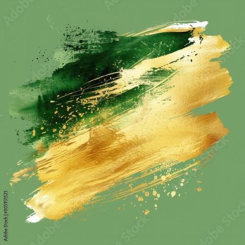Gold And Green. Abstract Brush Stroke Watercolor Texture Paint Stain Foil Background