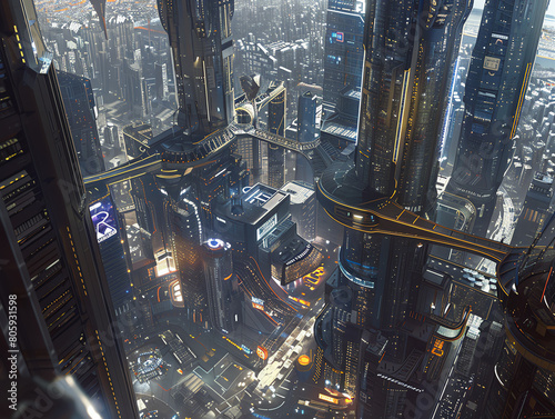 Capture the dynamic essence of a futuristic metropolis using hovering drones