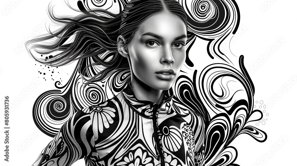 A woman with a black and white patterned dress is the main focus of the image A woman with a black and white patterned dress is the main focus of the image
