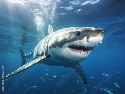 Powerful great white shark swimming underwater