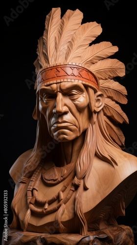 detailed wooden sculpture of a native american chief