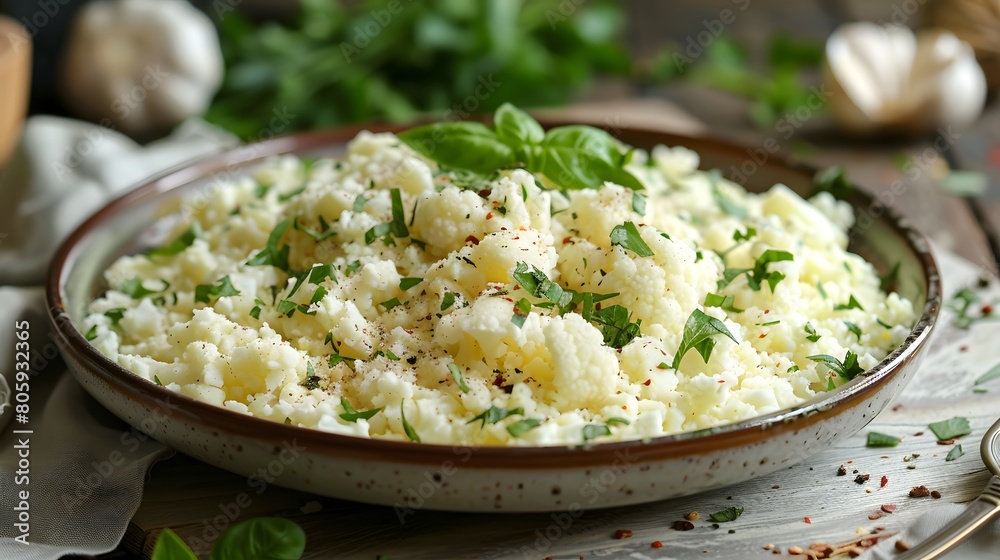 a plate of low-carb cauliflower rice, topped with herbs and spices, beautifully detailed and centered. a plate of low-carb cauliflower rice, topped with herbs and spices, beautifully detailed and centered.