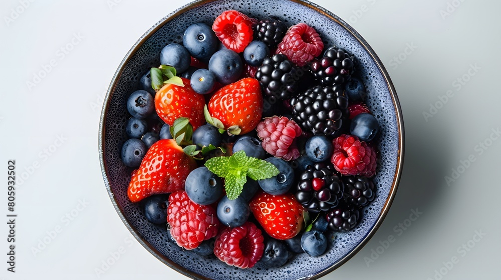 a colorful bowl of mixed berries, sharply focused in the center, on a clean white background. 