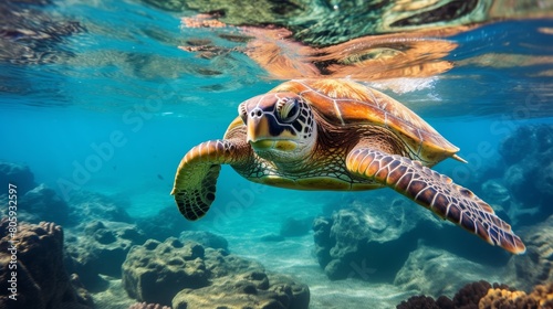 Colorful sea turtle swimming in tropical waters