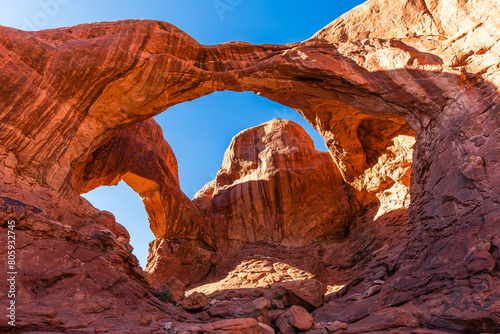 The Double Arch rock formation in the Arches National park near Moab  Utah USA.