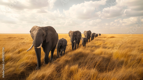 A line of elephants trekking across a vast savanna, with the first elephant confidently leading the way towards a distant watering hole. The golden grasses sway gently in the breeze, and the warm 