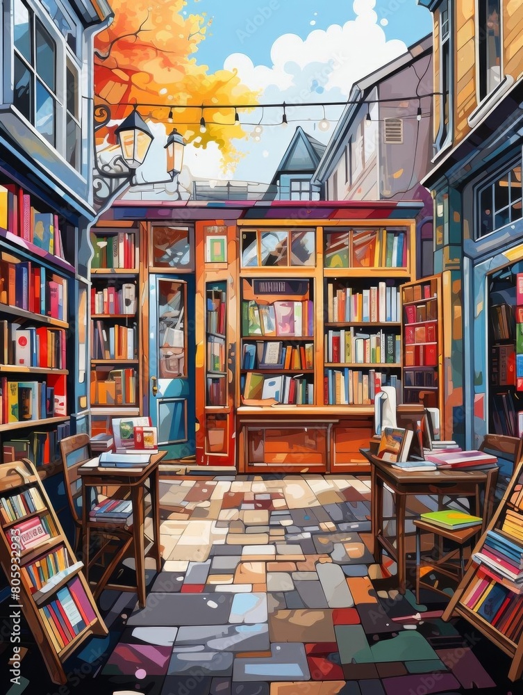 A beautiful bookshop with a colorful brick floor and a large window