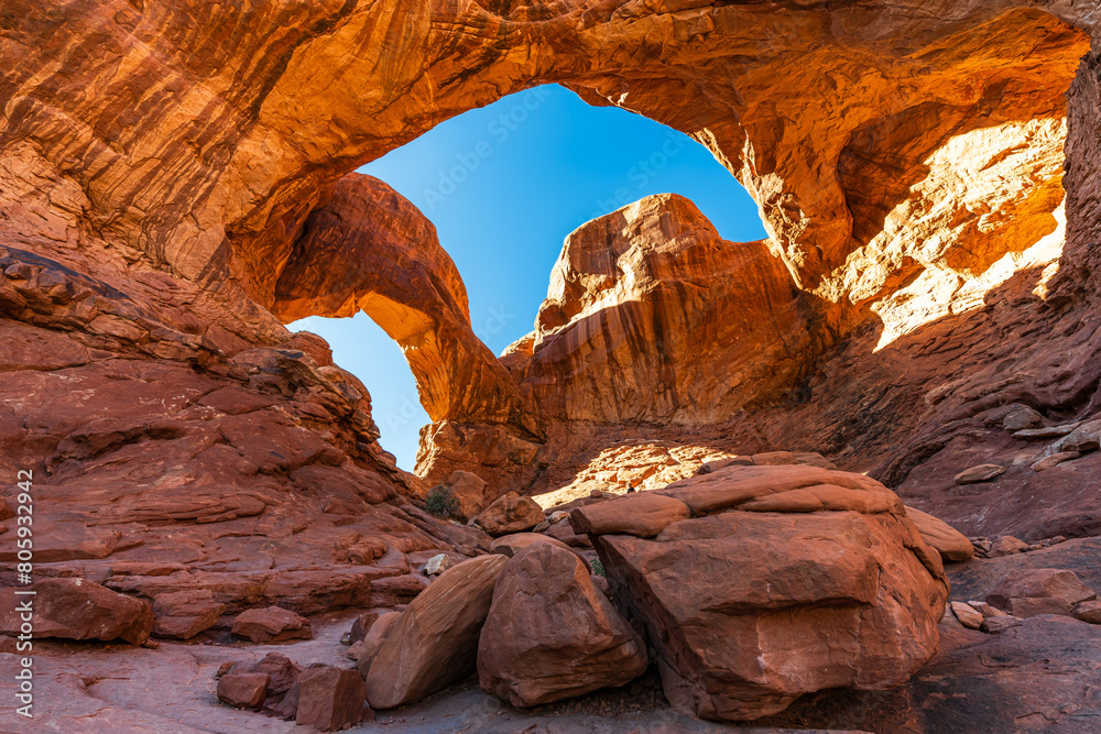 The Double Arch rock formation in the Arches National park near Moab, Utah USA.
