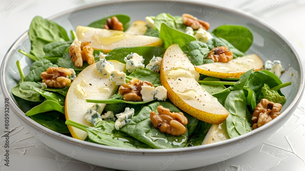 a fresh spinach and pear salad with walnuts and gorgonzola, sharply focused and centered on a white background. a fresh spinach and pear salad with walnuts and gorgonzola, sharply focused and centered on a white background.