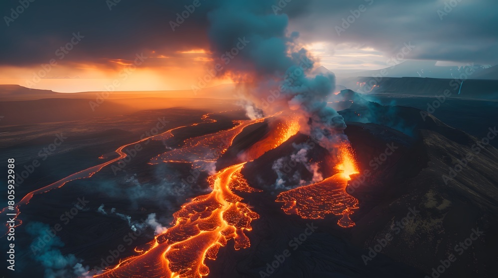 The fierce beauty of an active volcano in Iceland,with streams of red lava flowing intothe surrounding black sand and smoke plumes