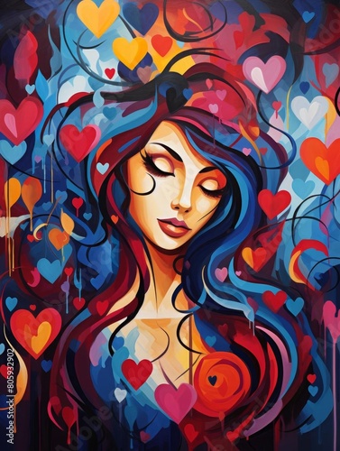 An ethereal portrait of a woman  her eyes closed in bliss  surrounded by a swirling vortex of colorful hearts. Painted in vibrant hues of blue  red