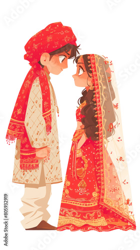 Cute Indian bride and groom looking at each other illustration isolated on transparent background