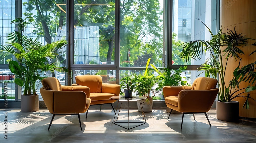 Modern Coworking Lounge: Comfortable Armchairs, Green Plants, Workspace Modern Coworking Lounge: Comfortable Armchairs, Green Plants, Workspace