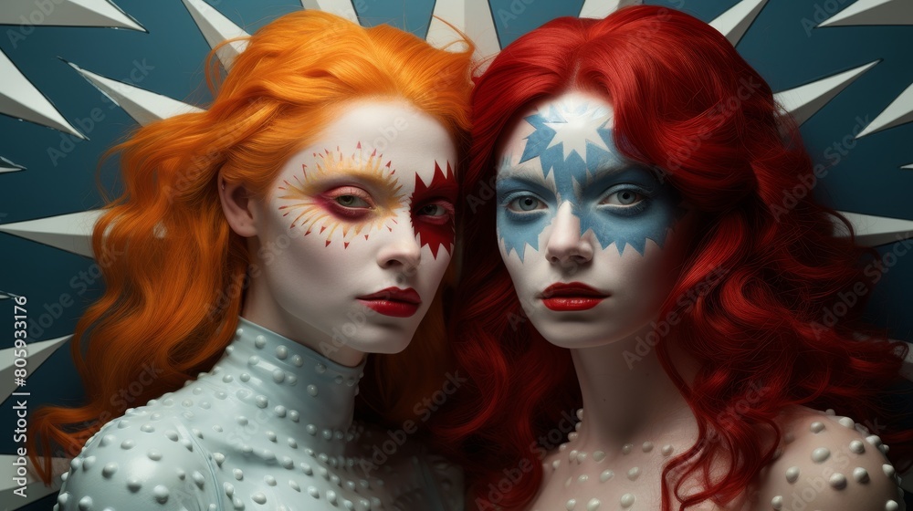 Obraz premium Two women with vibrant red hair and intricate face paint