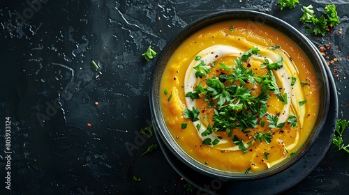 a bowl of lentil soup with a swirl of cream and fresh herbs, centered and detailed on a dark background. 