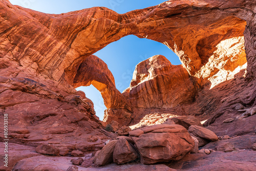 The Double Arch rock formation in the Arches National park near Moab, Utah USA.