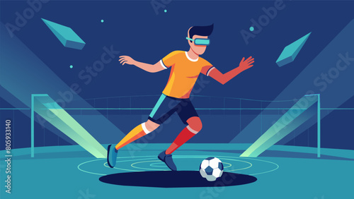 A soccer player practices their footwork and agility in a virtual stadium using a VR training program to improve their skills and reaction time.. Vector illustration
