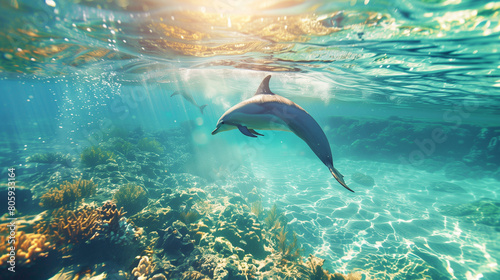 A pod of dolphins swimming in a clear  turquoise ocean  with a lone dolphin breaking the surface as it leaps gracefully into the air. The dolphins follow a natural coral reef path that leads to deeper