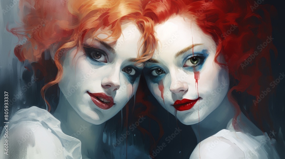 Dramatic portrait of two women with vibrant red hair and striking makeup