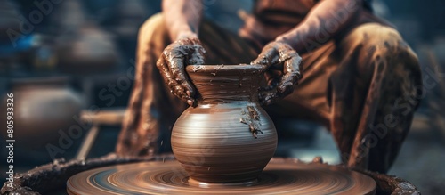 Portrait of craftsman shaping a vase on a pottery wheel with traditional tools. generative AI image photo