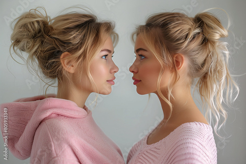 Two women with blonde hair and pink hoodies are standing next to each other