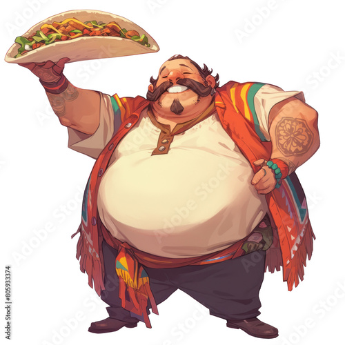 cartoon illustration of a Mexican man holding tacos isolated on transparent background