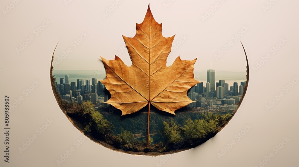 Obraz premium autumn leaf with cityscape