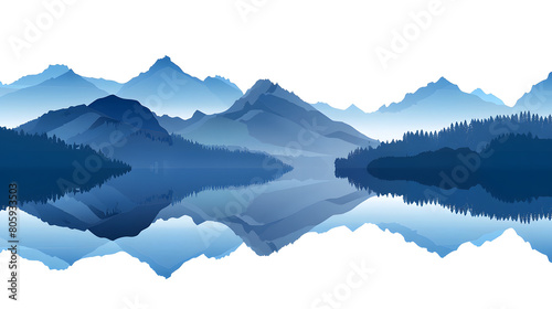 Vector landscape with silhouettes of blue mountains with reflection in lake with white background 