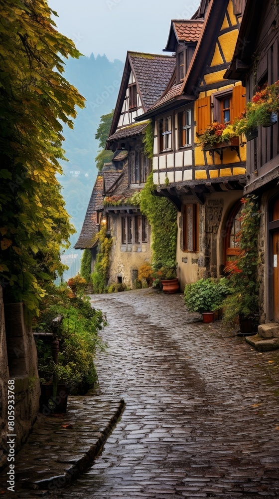 Fototapeta premium Charming cobblestone street in a quaint european village