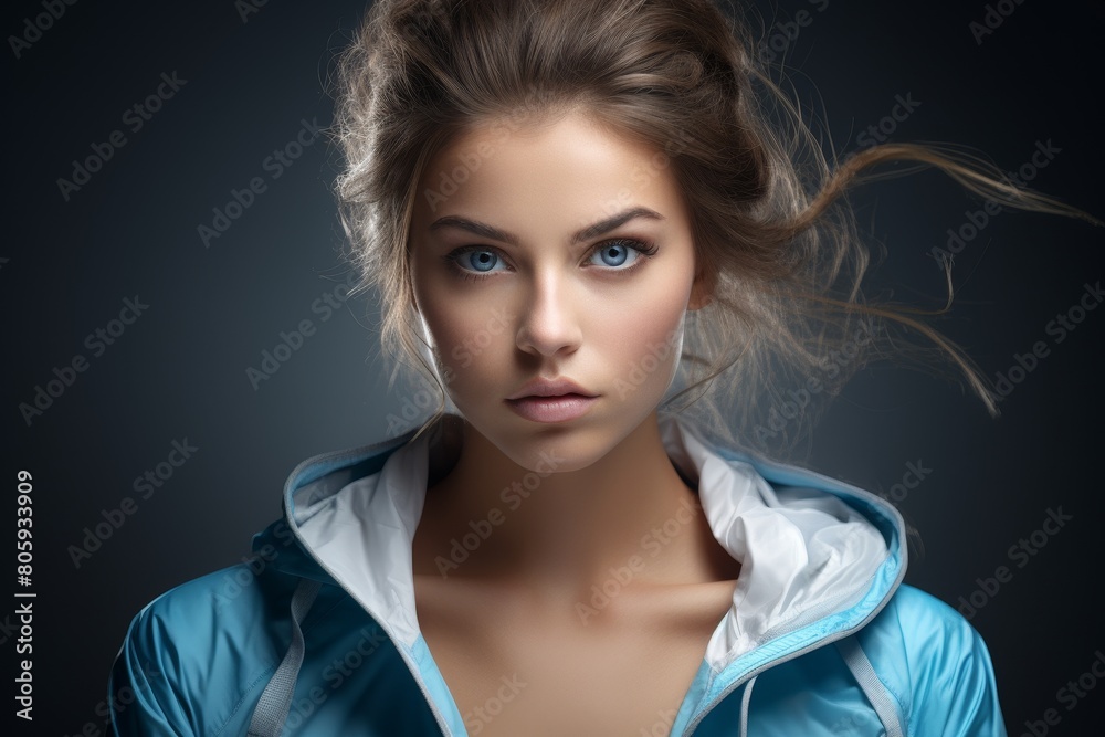 Intense gaze of a young woman with windblown hair