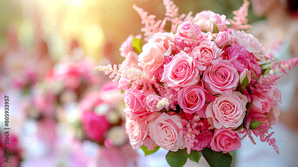 A bouquet of pink roses is the main focus of the image