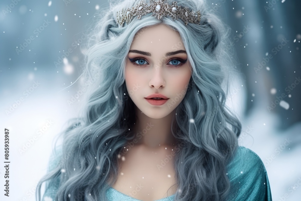 beautiful winter woman with silver hair and crown