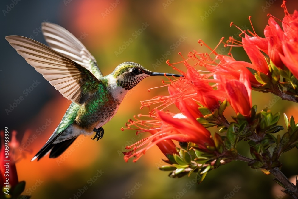 Fototapeta premium Hummingbird feeding on vibrant red flower