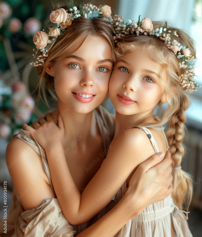 Two young girls wearing flower crowns and smiling at the camera Two young girls wearing flower crowns and smiling at the camera
