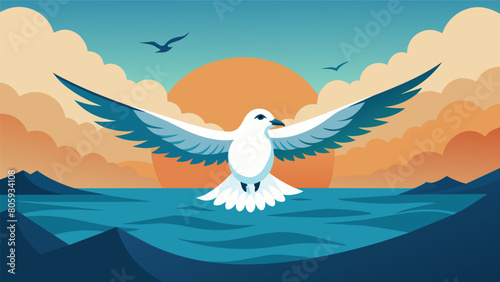 A seagull flies gracefully over the ocean reminding us of the stoic idea of detaching ourselves from external circumstances and focusing on inner. Vector illustration