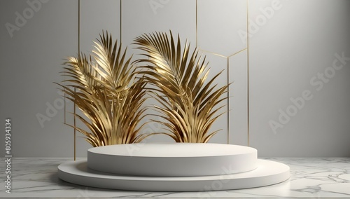 white gold podium mockup for product presentation decorated with palm leaves 3d rendering