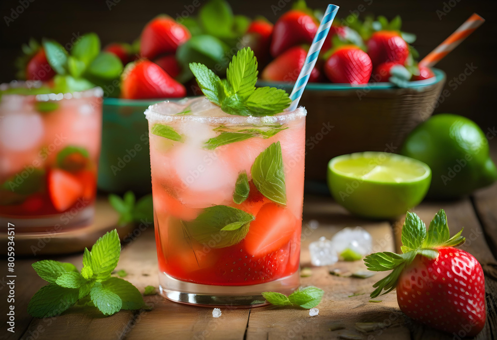 A refreshing strawberry mojito drink with lime and mint leaves on a wooden table setting A refreshing strawberry mojito drink with lime and mint leaves on a wooden table setting