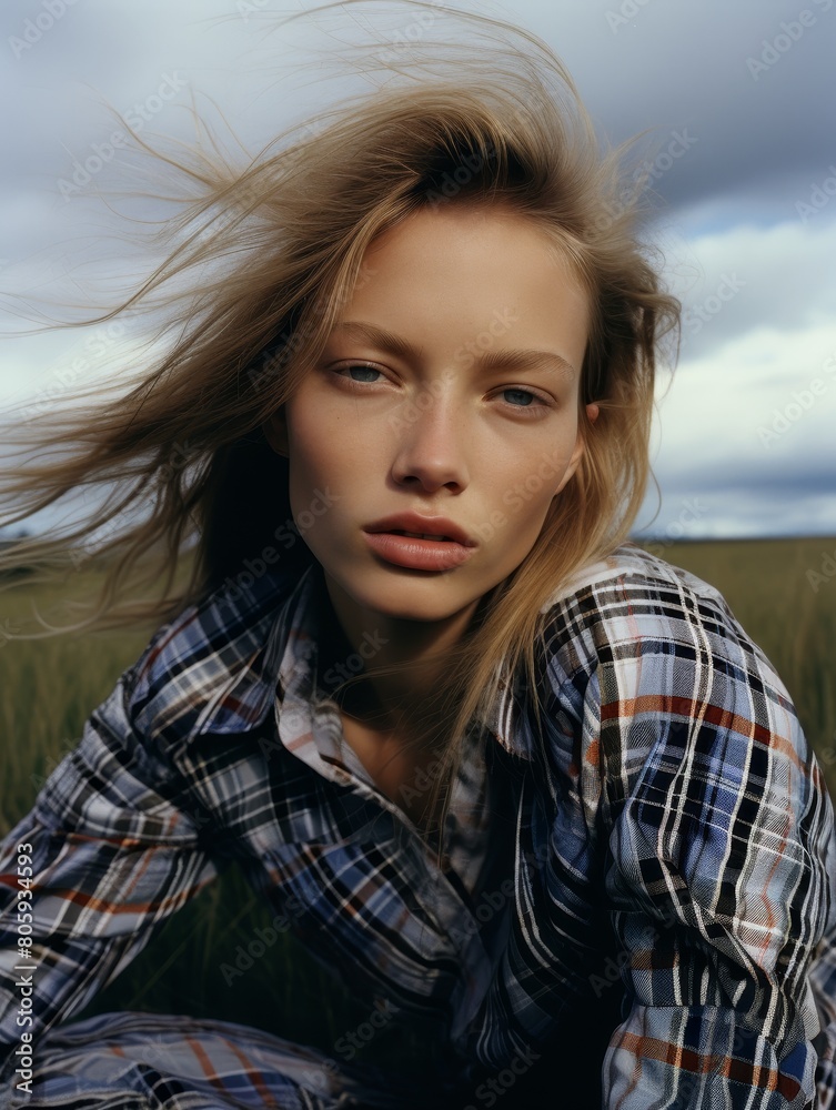Fototapeta premium Windswept beauty in a plaid field