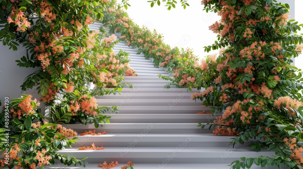 Fototapeta premium A staircase with a beautiful garden of flowers and vines