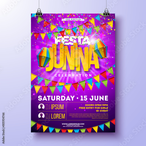 Festa Junina Party Flyer Design with Colorful Flags, Paper Lantern and Typography Design on Violet Background. Vector Brazil June Festival Illustration for Celebration Poster or Holiday Invitation