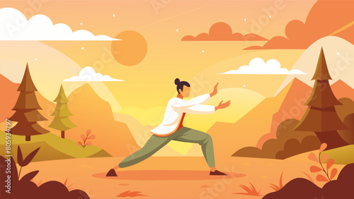 The sight of a solitary figure bathed in the warm glow of the morning sun practicing Qi Gong in a quiet and serene park.. Vector illustration