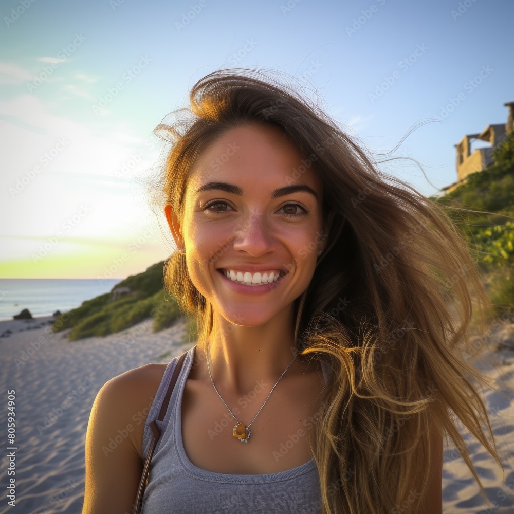 Smiling woman with windblown hair on beach Smiling woman with windblown hair on beach