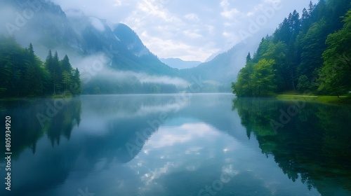 Surrounded by lush pine forests  a serene mountain lake greets the dawn  with mist hovering over the calm  crystal-clear water  reflecting vivid colors.