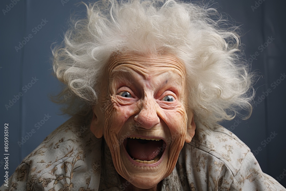 Excited elderly woman with wild white hair