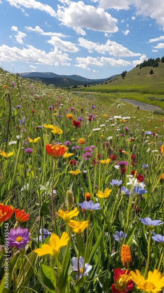 Fototapeta premium A field of vibrant wildflowers stretching to the horizon, a winding river cutting through, panoramic