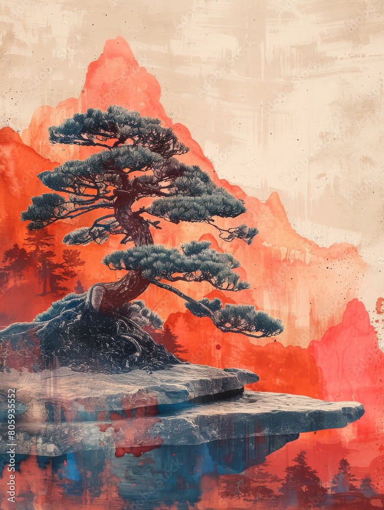 Generative ai illustration of a Japan bonsai tree abstract art