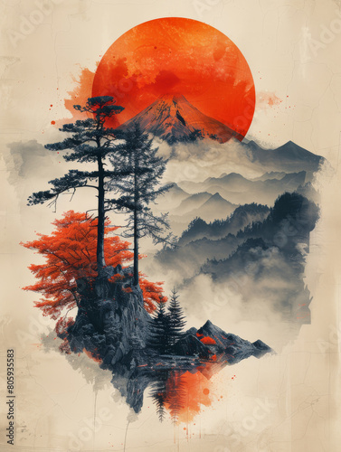 Generative ai illustration of a Fujiyama mountain abstract art