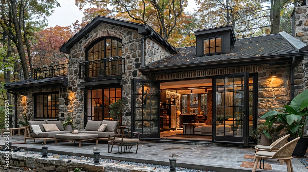 A French chateau made of stone and black steel that blends modern design with rustic charm nestled in the woods A French chateau made of stone and black steel that blends modern design with rustic charm nestled in the woods